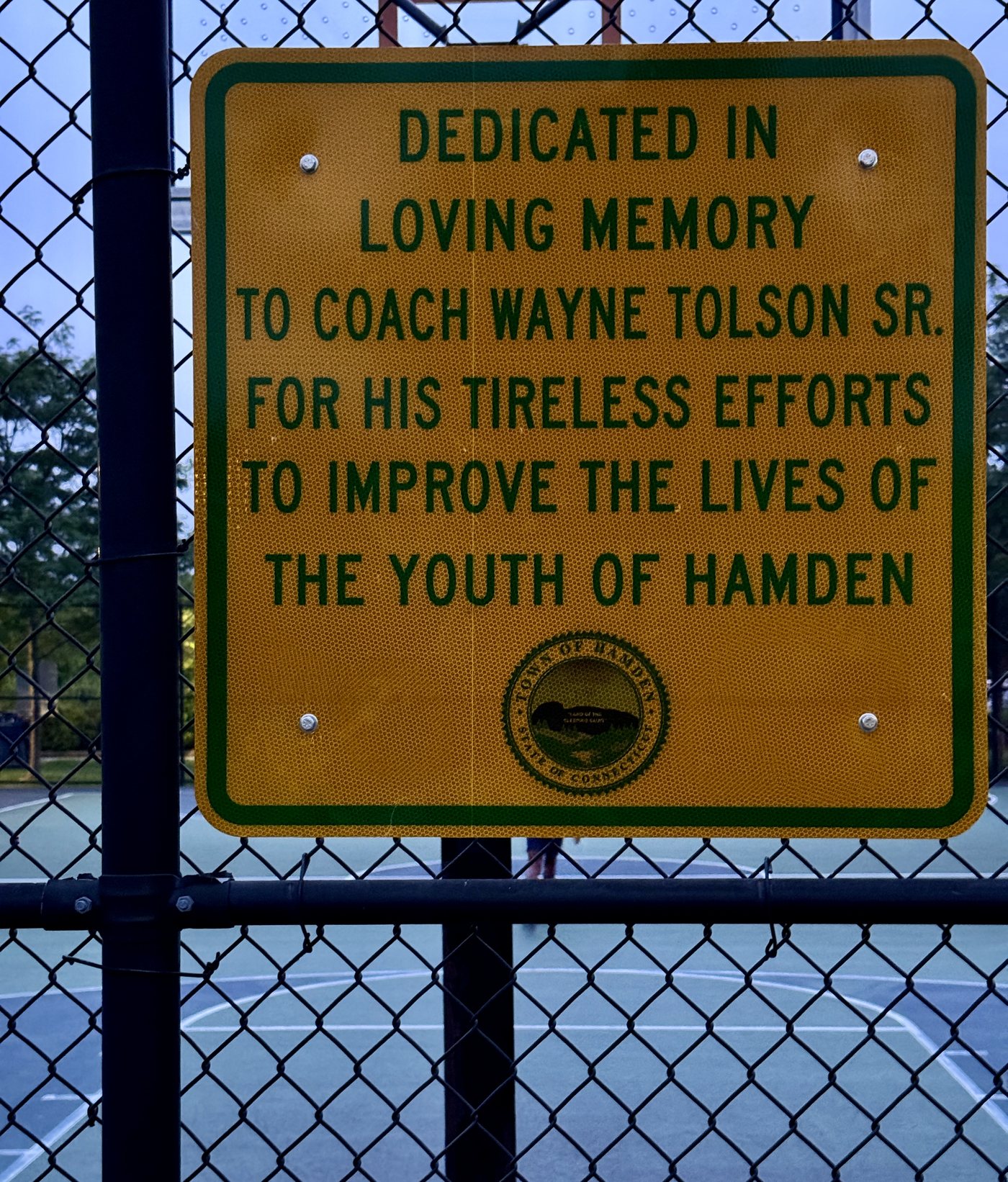Court dedication sign honoring Coach Wayne Tolson Sr.